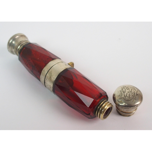 280 - A white metal mounted cranberry glass doubled ended scent bottle