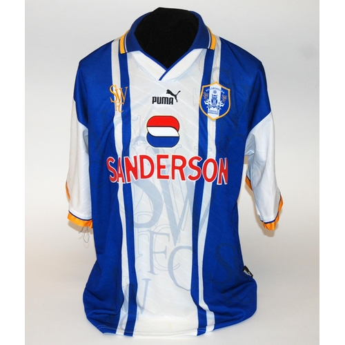 336 - A blue and white Sheffield Wednesday short-sleeved shirt