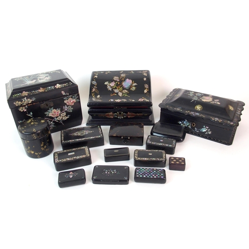 405 - A group of Victorian black lacquered mother of pearl and metal inlaid boxes