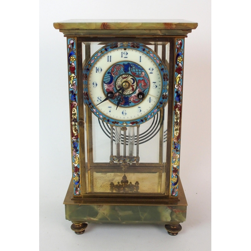 407 - A French champleve  brass and onyx mercury pendulum mantle clock