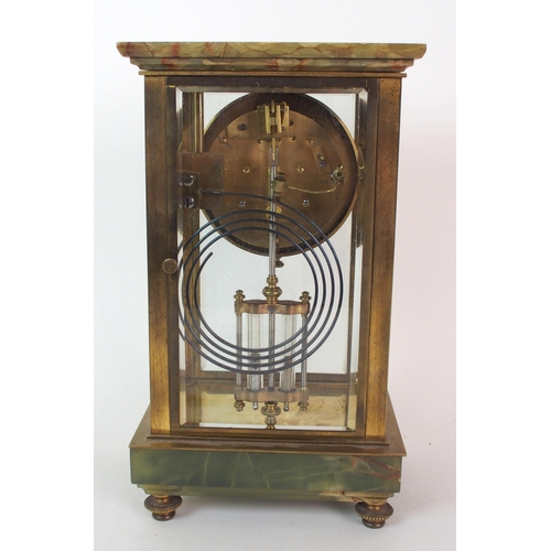 407 - A French champleve  brass and onyx mercury pendulum mantle clock