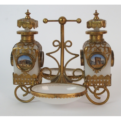 411 - A French 19th Century opaline glass and brass double bottle perfume stand