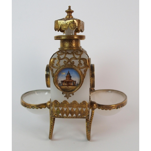 411 - A French 19th Century opaline glass and brass double bottle perfume stand