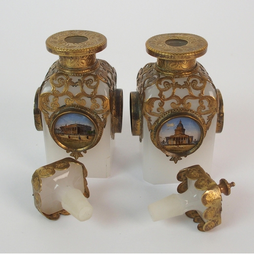 411 - A French 19th Century opaline glass and brass double bottle perfume stand