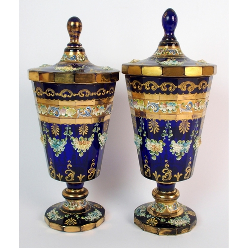 426 - A pair of antique Bohemian blue glass urns