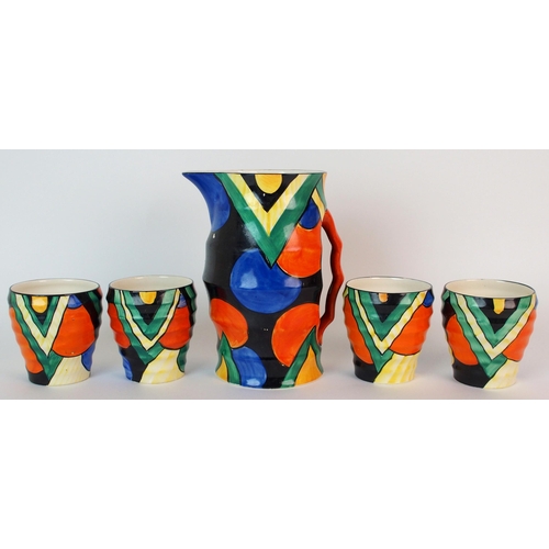 445 - A Crown Devon Art Deco cubist lemonade jug and four goblets