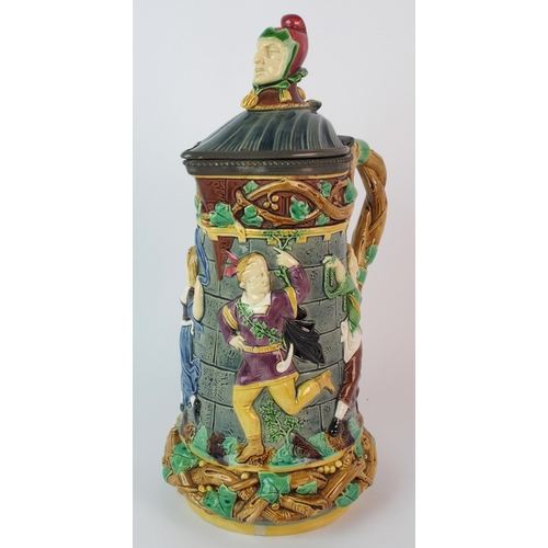 452 - A Minton Majolica 'Court Jester Tower' jug