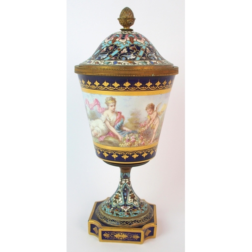 455 - A Sevres pattern and champleve enamel vase and cover