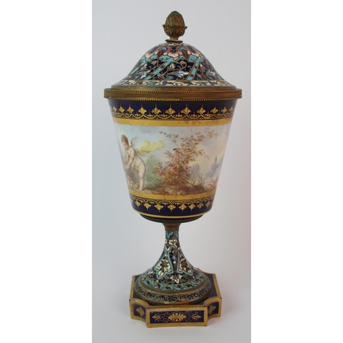 455 - A Sevres pattern and champleve enamel vase and cover