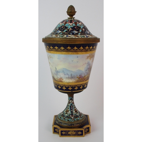 455 - A Sevres pattern and champleve enamel vase and cover