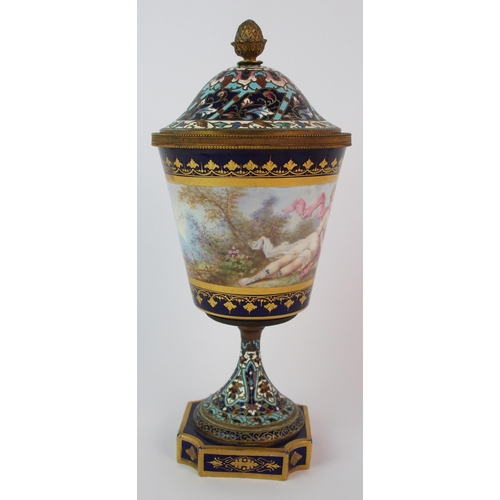 455 - A Sevres pattern and champleve enamel vase and cover