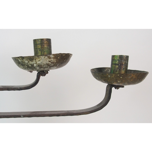 471 - A Coburg style hammered copper and wrought iron four branch candelabra