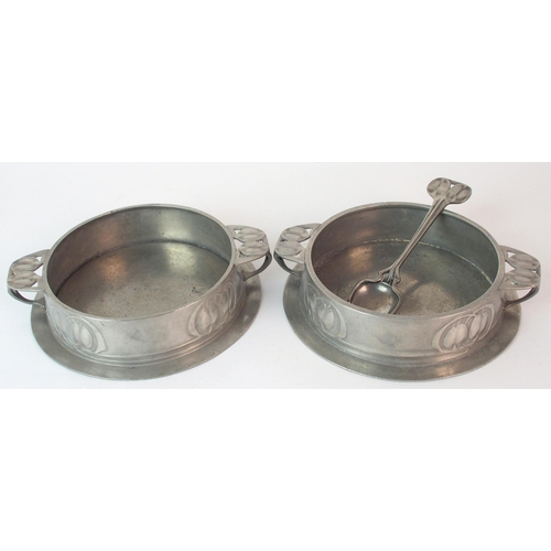 486 - Archibald Knox for Liberty & Co. Tudric Pewter butter/preserve dishes and spoon circa 1905