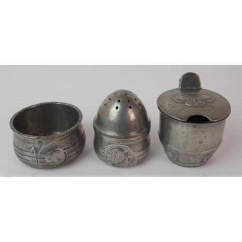 491 - Archibald Knox for Liberty & Co. Tudric Pewter inkwell  cream jug  mismatched cruet set  preserve po... 