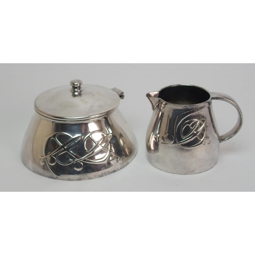 491 - Archibald Knox for Liberty & Co. Tudric Pewter inkwell  cream jug  mismatched cruet set  preserve po... 