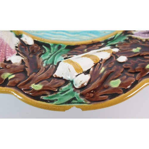 496 - Three George Jones majolica relief moulded plates