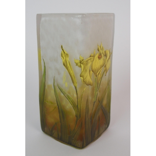 497 - A Daum  Nancy overlaid  painted and frosted square glass vase