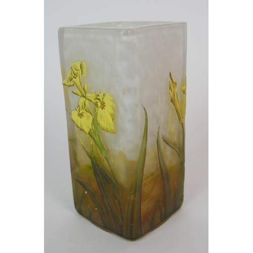 497 - A Daum  Nancy overlaid  painted and frosted square glass vase