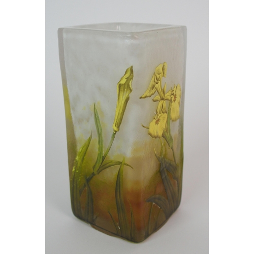 497 - A Daum  Nancy overlaid  painted and frosted square glass vase