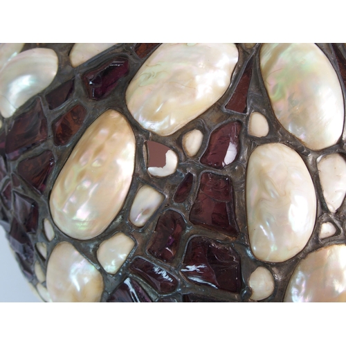 501 - An Arts and Crafts stained  leaded and abalone shell hanging light shade