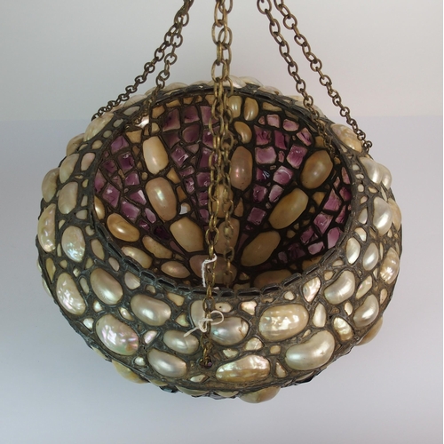 501 - An Arts and Crafts stained  leaded and abalone shell hanging light shade