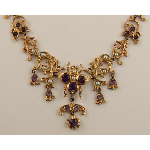 553 - A 9ct amethyst set bee necklace