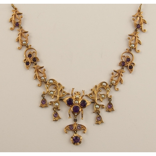 553 - A 9ct amethyst set bee necklace