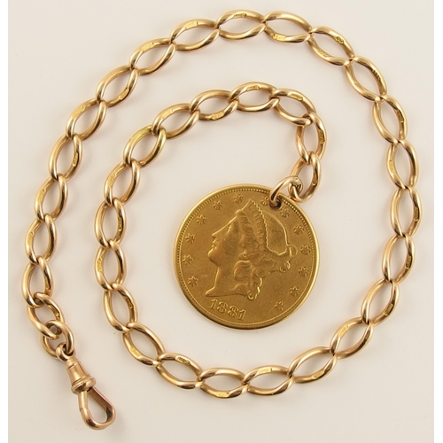 557 - A USA 20 Dollar gold coin dated 1881  attached to a 15ct Albert Chain