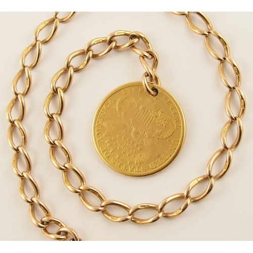 557 - A USA 20 Dollar gold coin dated 1881  attached to a 15ct Albert Chain