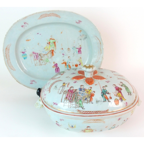 61 - A Chinese export oval soup tureen  cover and stand