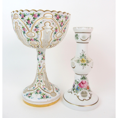 153 - A Focke & Metzler Dutch enamelled glass candlestick and enamelled glass footed bowl