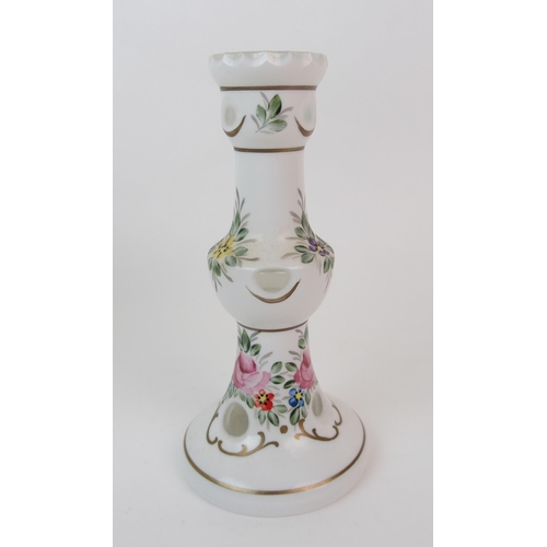 153 - A Focke & Metzler Dutch enamelled glass candlestick and enamelled glass footed bowl