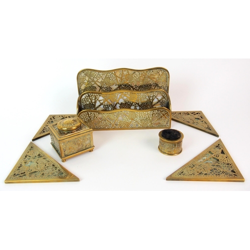 167 - A Tiffany Studios glass and gilt bronze Grapevine pattern four-piece desk set