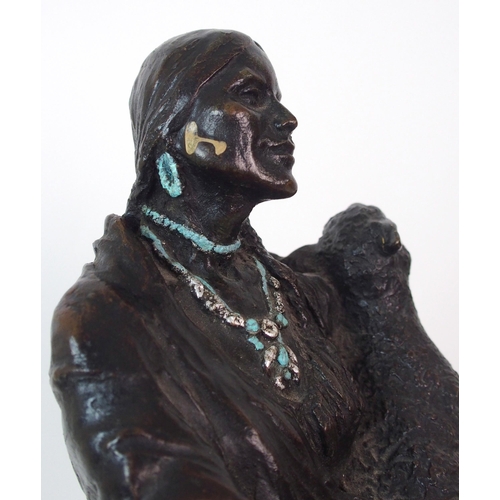 176 - An American patinated cast bronze figure of a Native American woman