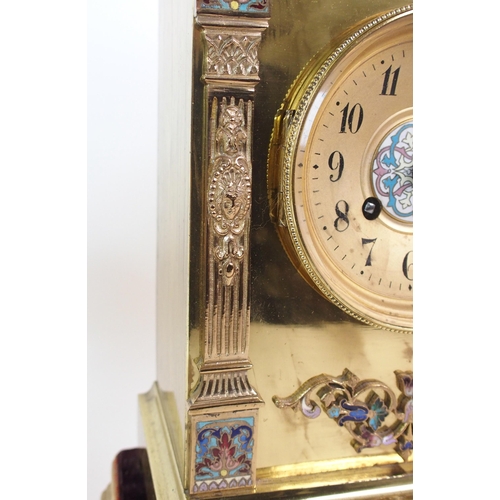 213 - A French brass and enamelled three-piece clock garniture