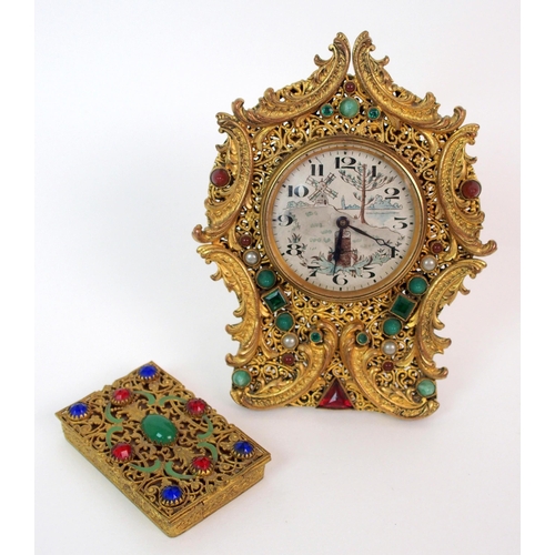 214 - A French Brevete gilt metal filigree clock and associated mirrored compact