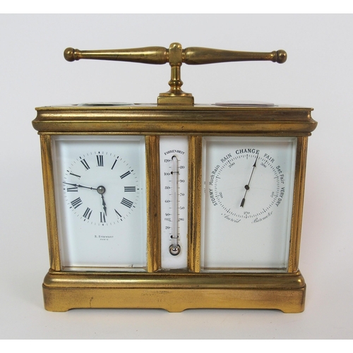 230 - A French brass and glass integrated carriage clock  barometer  compass and thermometer