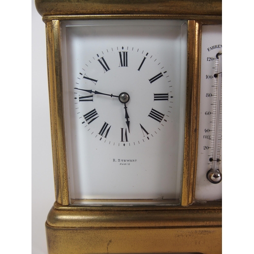 230 - A French brass and glass integrated carriage clock  barometer  compass and thermometer