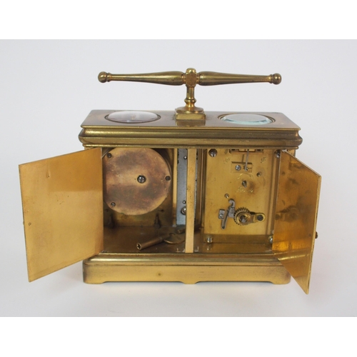 230 - A French brass and glass integrated carriage clock  barometer  compass and thermometer