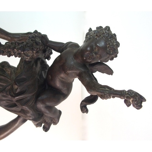 236 - A French patinated spelter  gilt bronze and onyx figural clock