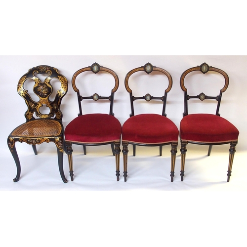 368 - Three Victorian ebonised inlaid burr walnut parlour chairs