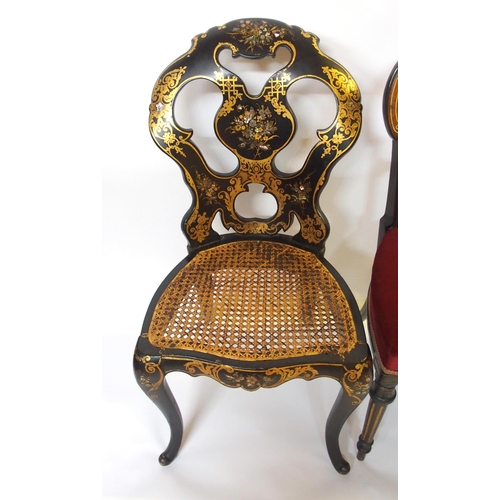 368 - Three Victorian ebonised inlaid burr walnut parlour chairs