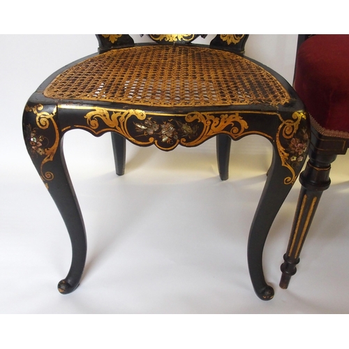 368 - Three Victorian ebonised inlaid burr walnut parlour chairs