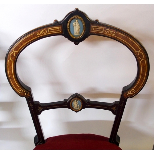 368 - Three Victorian ebonised inlaid burr walnut parlour chairs