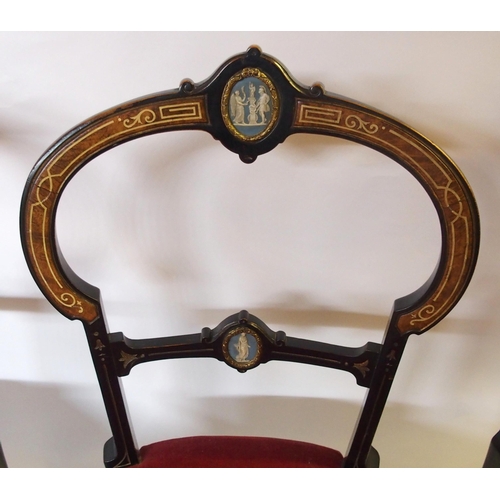 368 - Three Victorian ebonised inlaid burr walnut parlour chairs