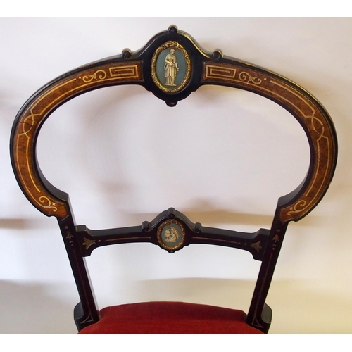 368 - Three Victorian ebonised inlaid burr walnut parlour chairs