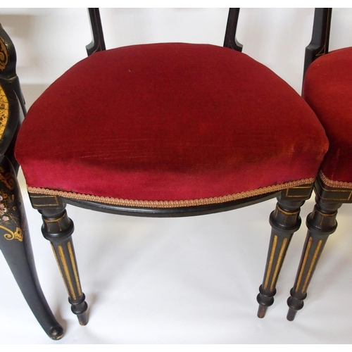 368 - Three Victorian ebonised inlaid burr walnut parlour chairs