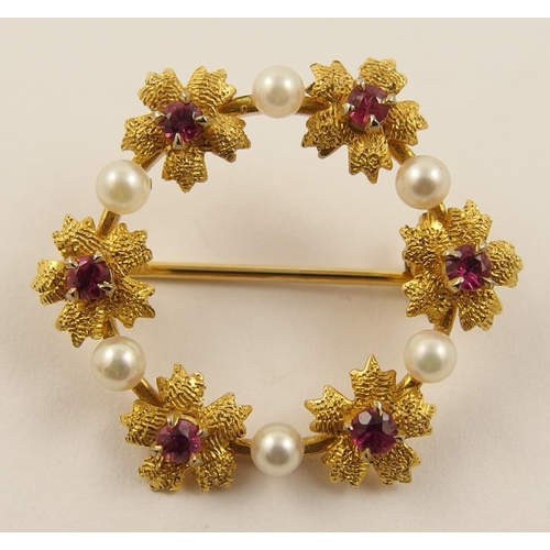 468 - A 9ct pearl and red gem stone brooch