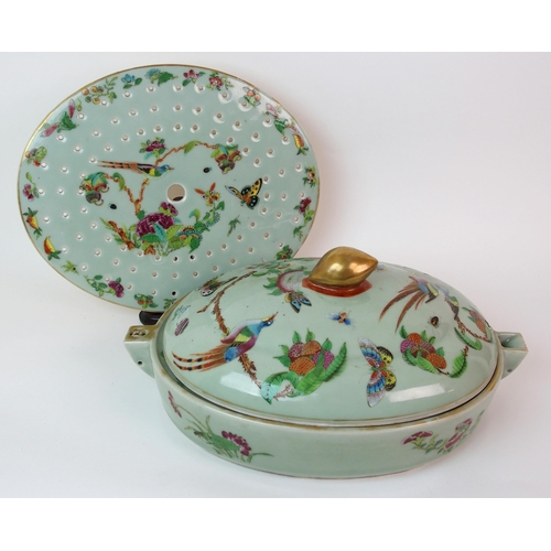 65 - A Cantonese celadon ground famille rose tureen and cover