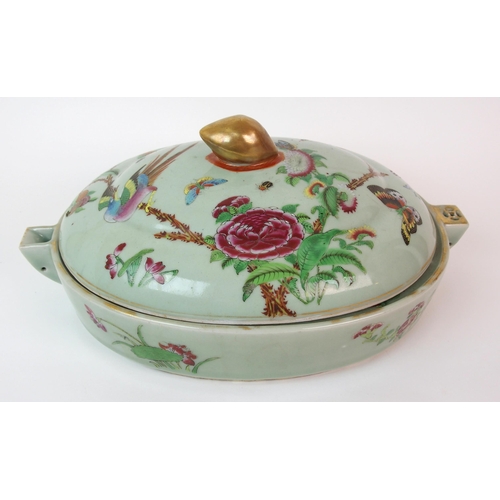 65 - A Cantonese celadon ground famille rose tureen and cover